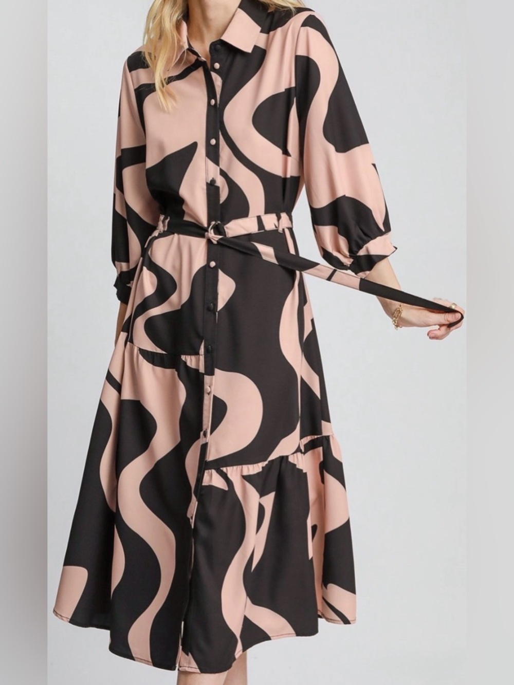 Umgee Black Mix Wave Print Button-Front Midi Dress
